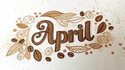A decorative design featuring the word April surrounded by swirling leaves and coffee beans, set against a light background, suitable as a 4K Ultra HD desktop wallpaper.