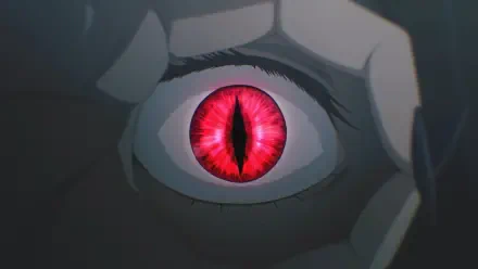 Close-up of a red, cat-like anime eye from Kijin Gentōshō, displayed in HD as a striking PC desktop wallpaper background.
