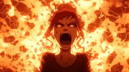 A dramatic 4K Ultra HD wallpaper featuring an angry woman yelling, surrounded by a fiery explosion, conveying intense emotion and energy.