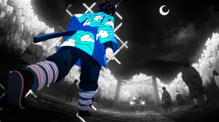 Demon Slayer: Kimetsu no Yaiba 2K Quad HD PC desktop wallpaper — low-angle swordsman in a bright cyan haori stepping toward lantern-lit figures beneath a crescent moon in a stark monochrome landscape.