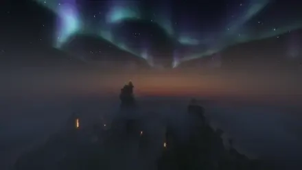 Minecraft HD desktop wallpaper showcasing a misty landscape under vibrant aurora lights, capturing the video game’s iconic blocky scenery and atmospheric ambiance.