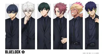 Anime-style HD desktop wallpaper featuring six male characters from Blue Lock, each dressed in black suits against a white background.