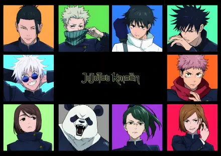 4K Ultra HD anime wallpaper featuring main characters from Jujutsu Kaisen and Jujutsu Kaisen 0 against vibrant colored backgrounds with the series title centered.