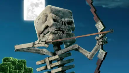 4K Ultra HD Minecraft Movie wallpaper featuring a detailed skeleton character aiming a bow and arrow under a full moon in a pixelated landscape.