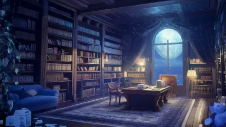 A serene anime room with a cozy library bathed in moonlight, featuring shelves of books, a wooden table, and a comfortable chair, evokes a tranquil reading atmosphere.