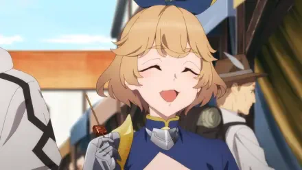 A cheerful anime character smiles warmly, holding a snack, set against a lively background. This HD wallpaper captures the transformation from a country bumpkin to a master swordsman.