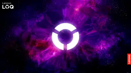 A vibrant HD PC desktop wallpaper featuring a cosmic purple background with a prominent Lenovo logo at the center, showcasing modern technology and creativity.