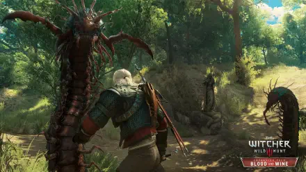 A vibrant HD wallpaper from The Witcher 3: Wild Hunt - Blood and Wine, featuring Geralt facing a monstrous creature in a lush forest setting.