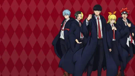 Mashle: Magic and Muscles — five students in dark school robes pose against a red diamond-patterned backdrop. 4K Ultra HD PC desktop wallpaper and background.