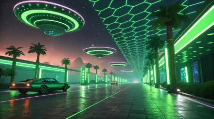 A vibrant metaverse scene featuring neon-lit palm trees, futuristic hovering structures, and sleek cars on a reflective roadway, set against a stunning twilight backdrop. 4K Ultra HD desktop wallpaper.