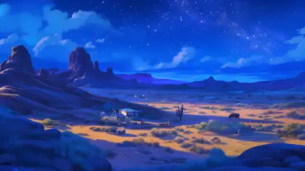 A stunning anime landscape showcases a serene desert at night, with vibrant blue hues illuminating the dunes and a starry sky above, creating a captivating HD wallpaper.