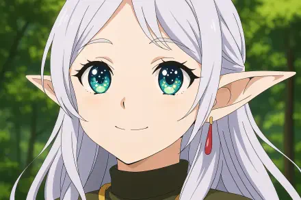 A vibrant 4K Ultra HD wallpaper featuring Frieren from Frieren: Beyond Journey's End, showcasing her enchanting smile and bright, starry eyes against a lush green background.