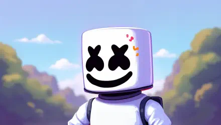 Cartoon depiction of Marshmello, the DJ, featuring his iconic marshmallow head and smiley face, set against a vibrant sky and landscape background, designed for a 4K Ultra HD desktop wallpaper.
