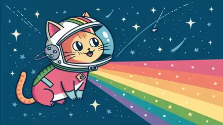 A colorful Nyan Cat in a spacesuit, radiating a vibrant rainbow while floating in a starry galaxy, designed as a 4K Ultra HD PC desktop wallpaper.