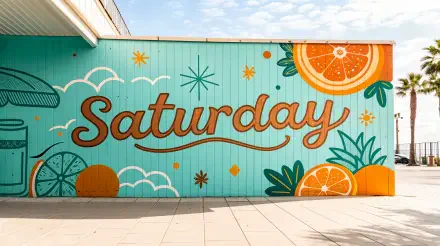 Colorful mural featuring the word Saturday surrounded by vibrant oranges and green leaves, set against a bright blue background. A lively design for a 4K Ultra HD desktop wallpaper.