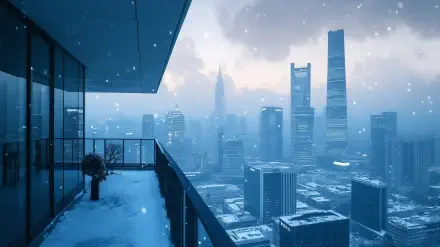 A snowy cityscape viewed from a balcony, showcasing winter in an urban setting with tall skyscrapers and soft snowfall, creating a serene and picturesque atmosphere.