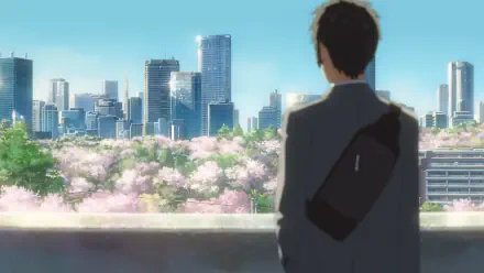 A character gazes over a vibrant anime landscape, featuring a city skyline adorned with cherry blossoms, capturing the essence of Your Name. in this HD desktop wallpaper.