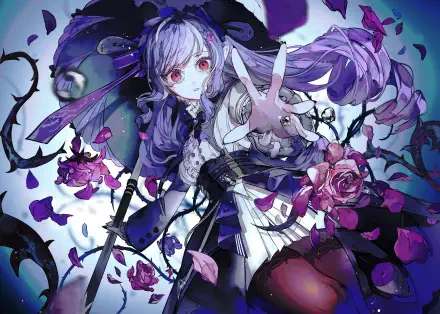 A stunning HD desktop wallpaper from the video game Zenless Zone Zero, featuring Vivian amidst roses and dark vines, showcasing her captivating design and vibrant colors.