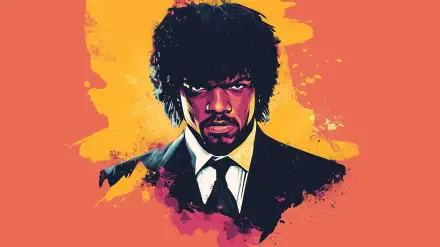 Minimalist HD desktop wallpaper featuring a stylized portrait of Samuel L. Jackson’s character from the movie Pulp Fiction against a vibrant orange background.