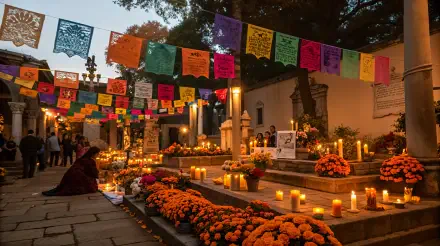 Vibrant Day of the Dead altar with marigolds, candles, and colorful papel picado banners, captured in stunning 4K Ultra HD for a PC desktop wallpaper.