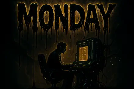 4K Ultra HD wallpaper of a programmer working late at a dimly lit desk, with the word MONDAY dripping ominously above, representing the 9 to 5 job grind.