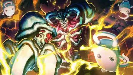 HD PC desktop wallpaper featuring anime characters White Duston and Summoned Skull from Yu-Gi-Oh!, surrounded by dynamic lightning and vibrant energy effects.