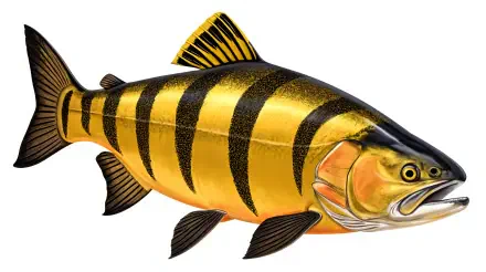 A vibrant illustration of a golden salmon with bold black stripes, showcased in stunning detail for a 4K Ultra HD PC desktop wallpaper.