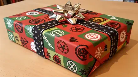 Christmas present wrapped in red and green paper with festive symbols, topped with a silver bow, captured in sharp 4K Ultra HD for PC desktop wallpaper.