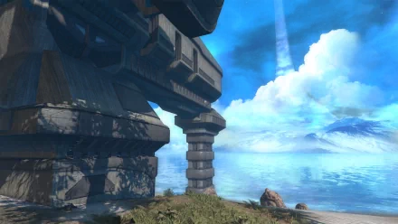 HD PC desktop wallpaper of Halo: Combat Evolved Anniversary featuring a scenic landscape with futuristic architecture and a bright, cloudy sky from the Halo video game.