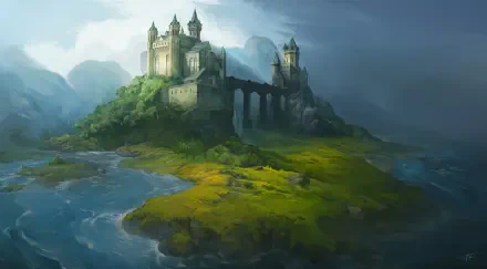 A fantasy landscape featuring a majestic castle perched on a lush island, surrounded by water under a misty, atmospheric sky—HD PC desktop wallpaper and background.