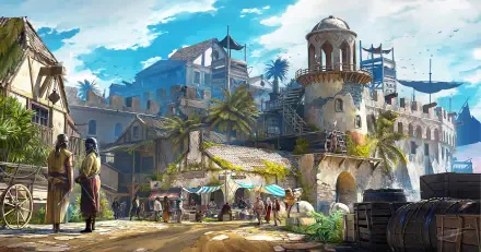 HD artistic desktop wallpaper depicting a medieval pirate village on the Pirate Islands, featuring stone buildings, palm trees, and figures in period attire under a bright sky.