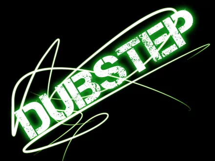A vibrant HD desktop wallpaper featuring the bold text DUBSTEP in striking green against a black background, accentuated by dynamic light trails.