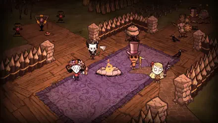 HD desktop wallpaper from the video game Don't Starve Together showing four characters around a campfire inside a fenced, wooden area with a purple rug.
