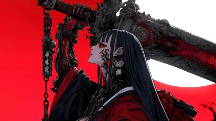 4K Ultra HD anime wallpaper featuring a dark-haired anime girl wielding a large sword against a bold red background.