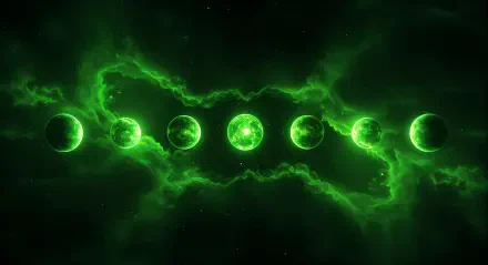 4K Ultra HD PC desktop wallpaper showing a glowing green planetary alignment with seven celestial bodies set against a dark, swirling cosmic background.