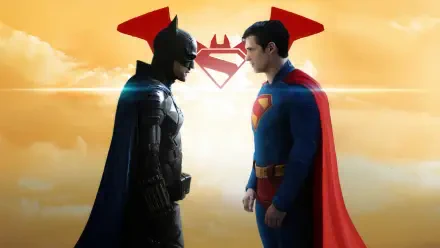 The Batman and Superman face off against a dramatic sunset with the Superman emblem in the background, captured in a 4K Ultra HD PC desktop wallpaper for Superman (2025).