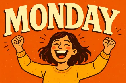 A joyful woman with raised fists celebrates Monday, set against a vibrant orange background in a 4K Ultra HD PC desktop wallpaper and background.