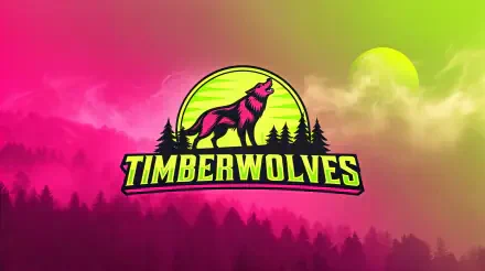 Minnesota Timberwolves logo with a howling wolf silhouette against a vibrant pink and green gradient sky, designed as a 4K Ultra HD PC desktop wallpaper.