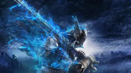 A 4K Ultra HD PC wallpaper featuring Nightreign from Elden Ring, engulfed in a glowing blue aura, set against a dark, stormy night sky.