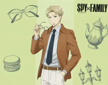 Anime 4K Ultra HD PC desktop wallpaper of Loid Forger from Spy x Family — full-body portrait in a brown coat and suit, holding glasses against a pale green backdrop with vintage sketch motifs.