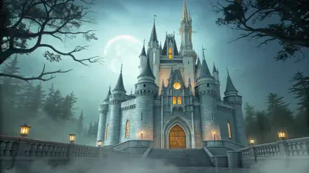 Cinderella Castle illuminated under a full moon in a detailed 4K Ultra HD PC desktop wallpaper with a mystical nighttime forest backdrop.
