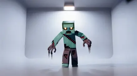 A 4K Ultra HD PC desktop wallpaper featuring a Minecraft zombie standing in a dimly lit, modern room with glowing eyes and clawed hands.