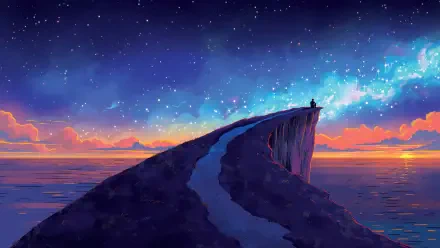 A vibrant artistic 4K Ultra HD wallpaper depicting a lone figure standing on a cliff overlooking a colorful ocean under a starry twilight sky.