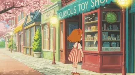 A charming downtown scene from a 4K Ultra HD PC desktop wallpaper, featuring a young girl in a striped dress peering into the window of the Curious Toy Shop under blooming cherry blossoms.