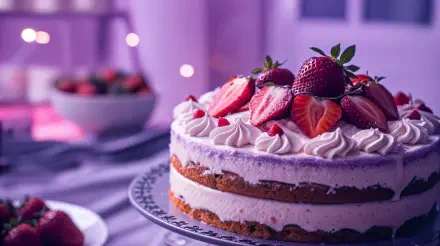 A 4K Ultra HD desktop wallpaper showing a strawberry cake topped with fresh strawberries and cream, set against a softly lit, purple-hued background.