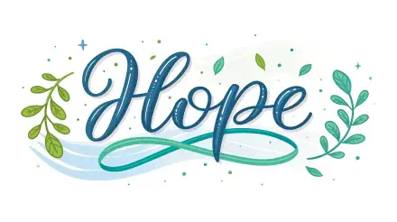 A 4K Ultra HD PC desktop wallpaper featuring the word Hope in elegant blue script, surrounded by green leaves and decorative flourishes.