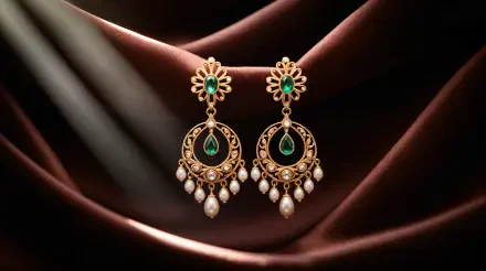 A pair of ornate gold earrings with green gemstones and dangling pearls, displayed on a silky brown fabric, captured in 4K Ultra HD for PC desktop wallpaper.