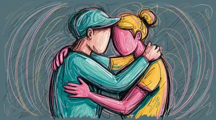 4K Ultra HD desktop wallpaper depicting two best friends embracing warmly, rendered in vibrant, swirling colors with faceless, expressive outlines.