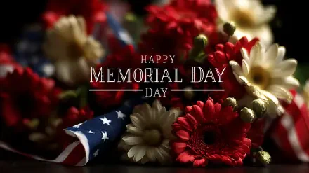 HD desktop wallpaper featuring red and white flowers with a folded American flag, commemorating the USA Memorial Day holiday.