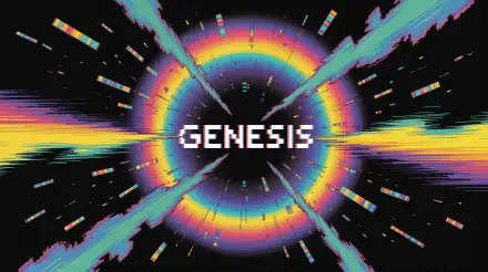 4K Ultra HD PC desktop wallpaper depicting a colorful, pixelated Big Bang explosion with GENESIS text at the center, radiating vibrant rainbow rings and dynamic streaks.